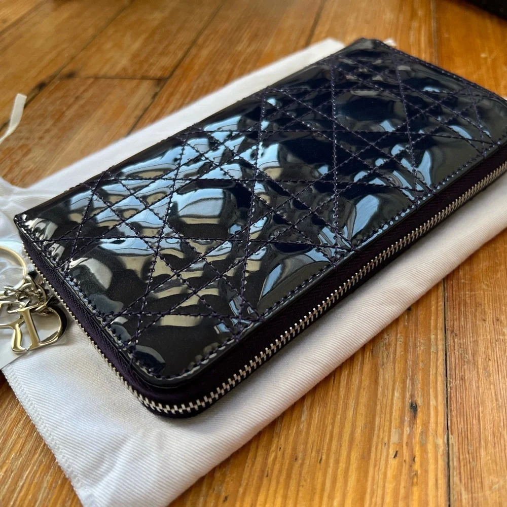 Patent Cannage Lady Dior Continental Zip Wallet Blue